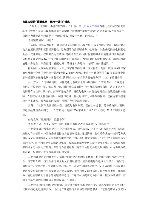 电改应坚持输配电网、调度一体化模式