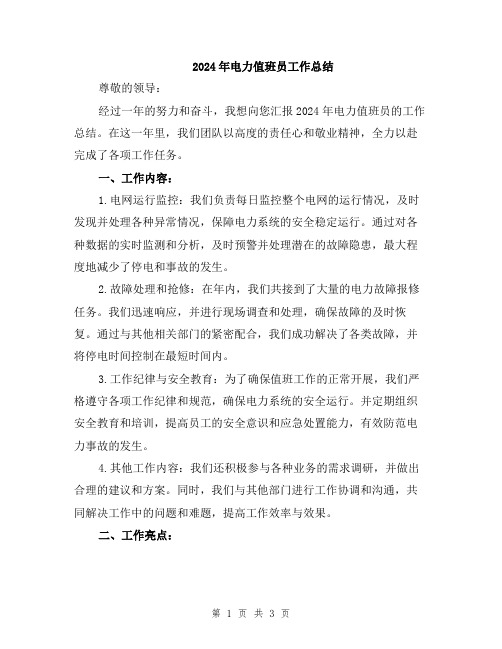 2024年电力值班员工作总结