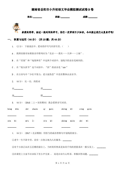 湖南省岳阳市小升初语文毕业模拟测试试卷B卷