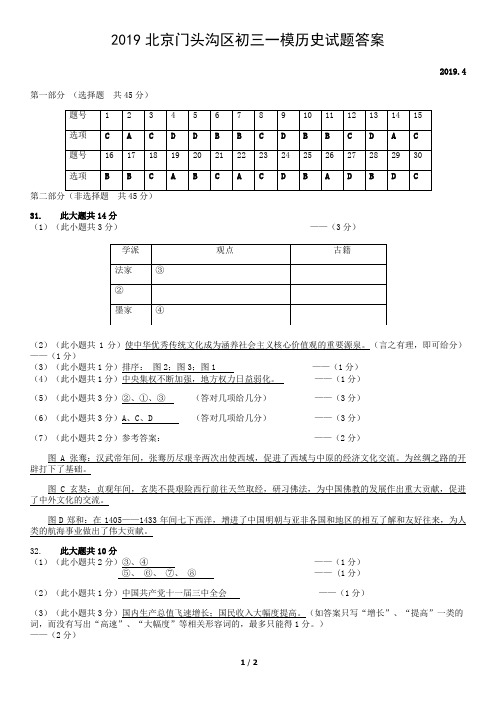 2019北京门头沟区初三一模历史试题答案