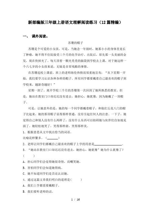新部编版三年级上册语文理解阅读练习(12篇精编)