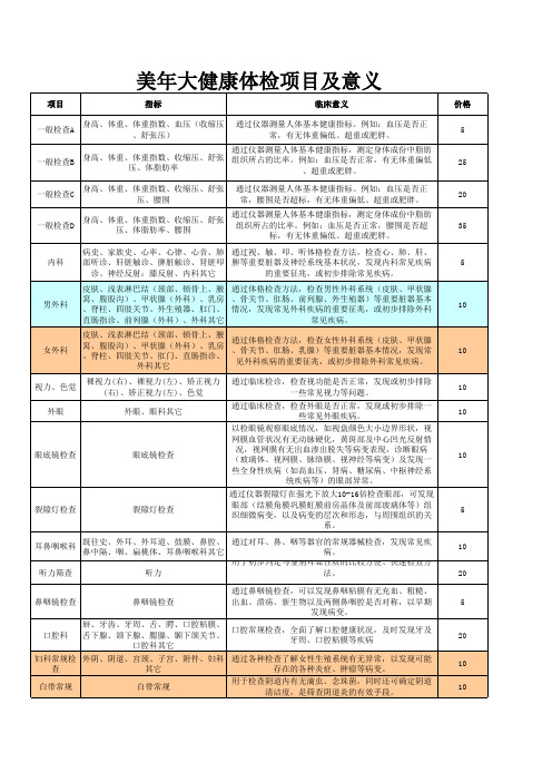 美年体检全部项目及费用