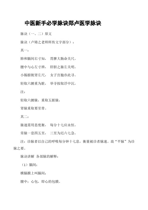 中医新手必学脉诀郑卢医学脉诀