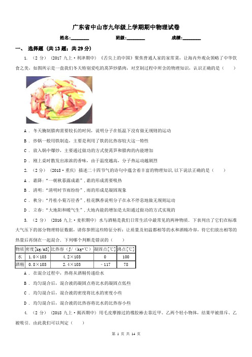 广东省中山市九年级上学期期中物理试卷