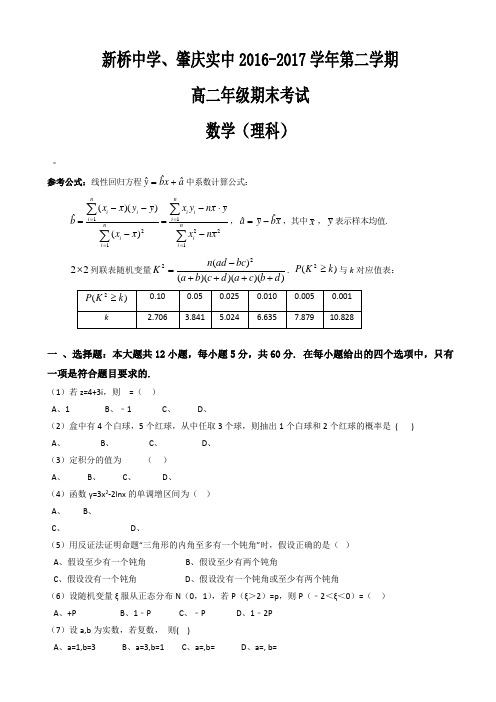 广东省肇庆市实验中学、广东省高要市新桥中学两校2016-2017学年高二下学期期末考试数学(理)试题