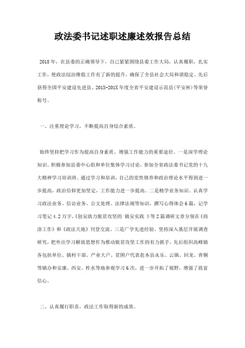 最新政法委书记述职述廉述效报告总结