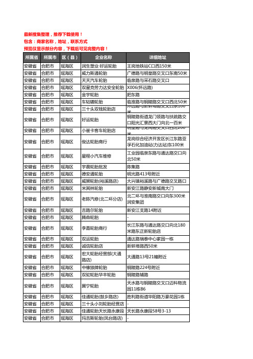 新版安徽省合肥市瑶海区汽车轮胎企业公司商家户名录单联系方式地址大全180家