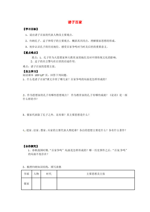 陕西省长治第八中学七年级历史上册 第21课 诸子百家学案(无答案) 华东师大版