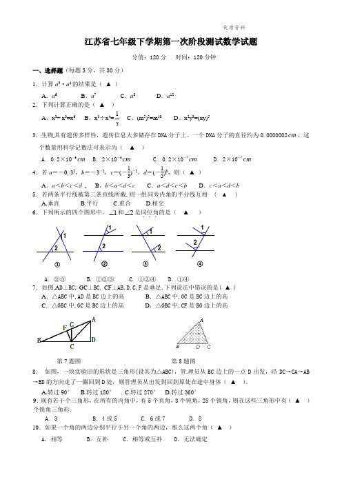 江苏省2021年七年级下学期第一次阶段测试数学试题2[1]