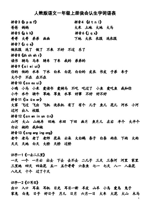人教版语文一年级上册我会认生字词语表