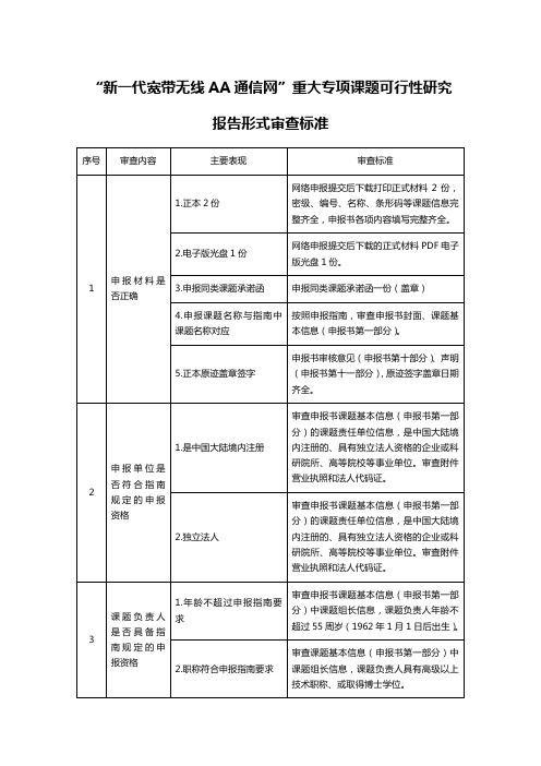 “新一代宽带无线AA通信网”重大专项课题可行性研究报告形式审查标准