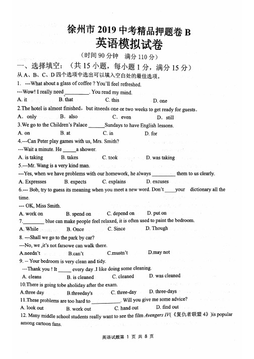 江苏省徐州市2019年中考精品押题卷B英语试卷(PDF版 含答案)