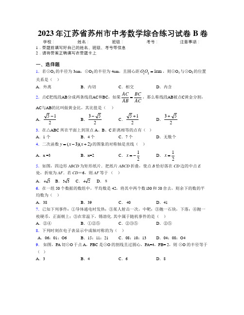 2023年江苏省苏州市中考数学综合练习试卷B卷附解析