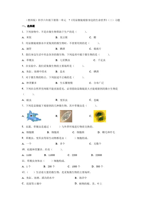 六年级下册科学试题-- 7《用显微镜观察身边的生命世界》(三)习题   教科版(含答案)