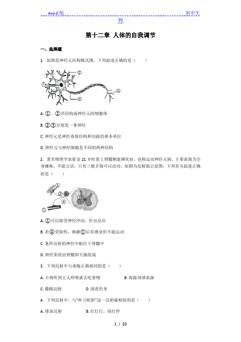 生物北师大版七年级下册 第十二章 人体的自我调节 章节习题(带解析)