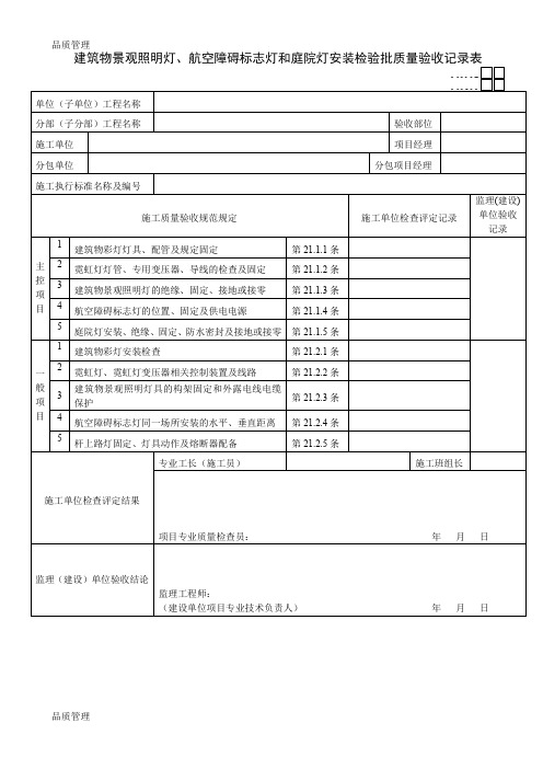 【品质管理资料】建筑物景观照明灯、航空障碍标志灯和庭院灯安装检验批质量验收记录表0精品版