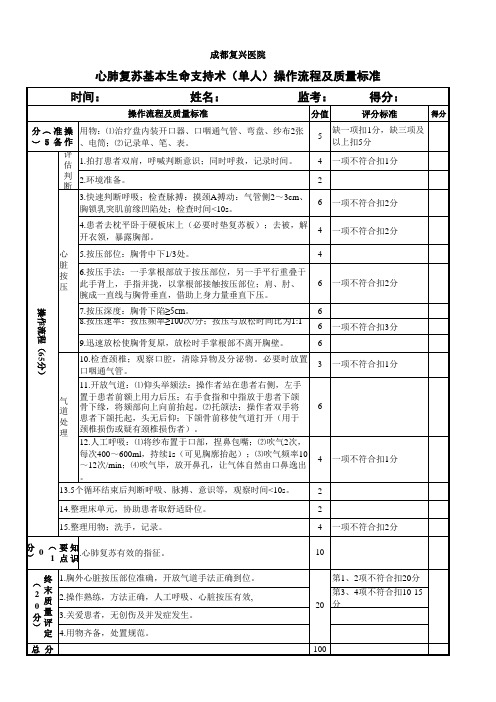 2016心肺复苏基本生命支持术(单人)操作流程及质量标准