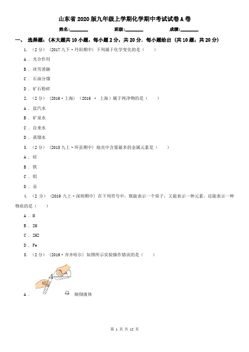 山东省2020版九年级上学期化学期中考试试卷A卷