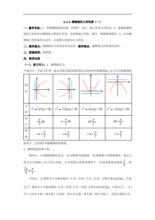 北师大版高中数学选修2-1《抛物线的几何性质》2课时教学设计