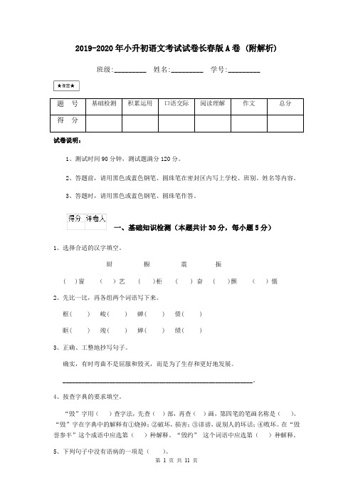 2019-2020年小升初语文考试试卷长春版A卷 (附解析)