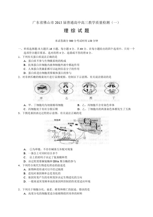 2015佛山一模 广东省佛山市2015年普通高中高三教学质量检测(一)理综试卷及答案