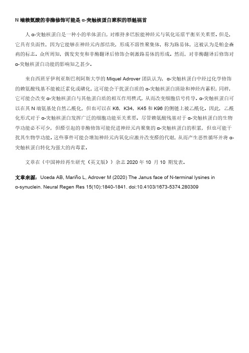 N端赖氨酸的非酶修饰可能是α-突触核蛋白聚积的罪魁祸首