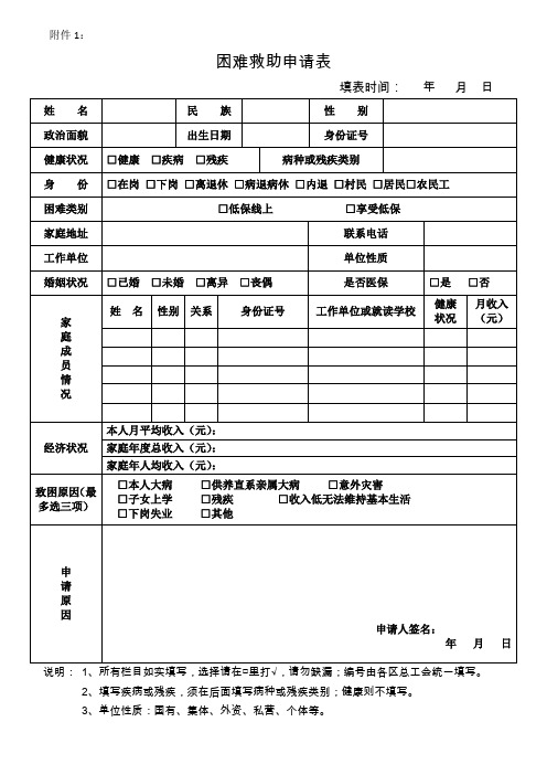 困难救助申请表