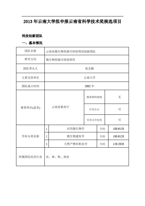 2013年云南大学拟申报云南省科学技术奖候选项目doc