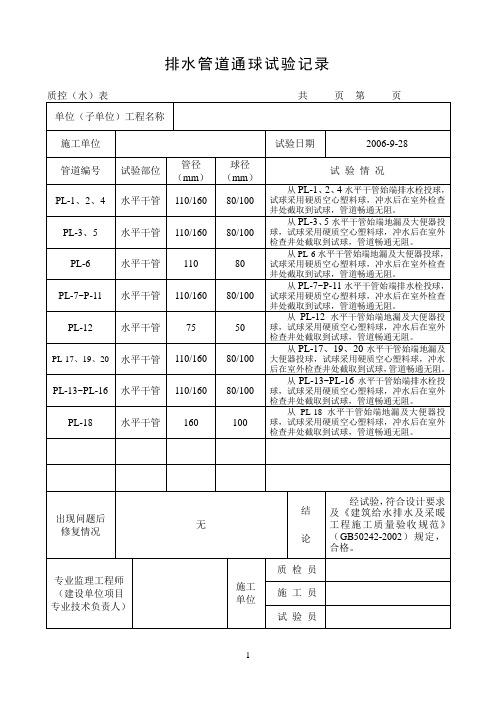 排水管道通球试验记录