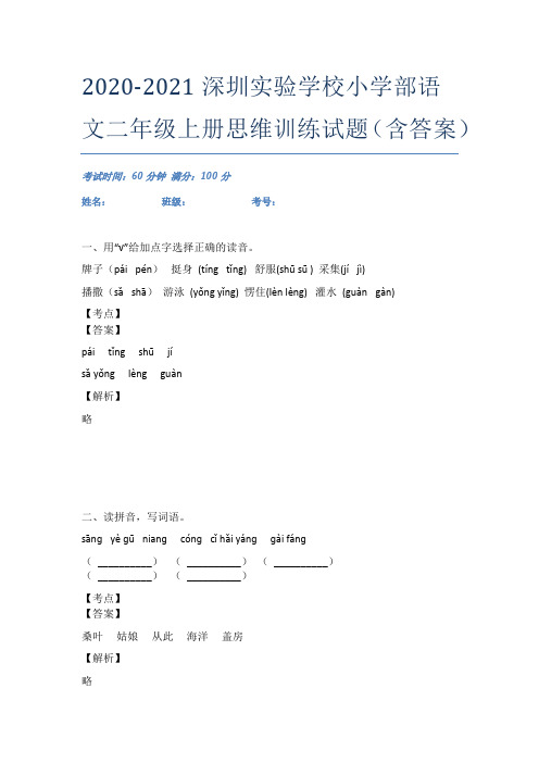 2020-2021深圳实验学校小学部语文二年级上册思维训练试题(含答案)