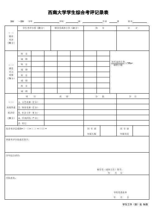 西南大学学生综合考评记录表