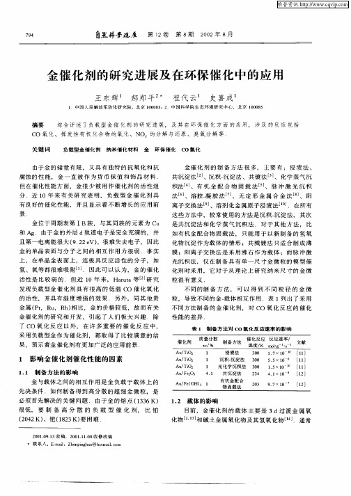 金催化剂的研究进展及在环保催化中的应用