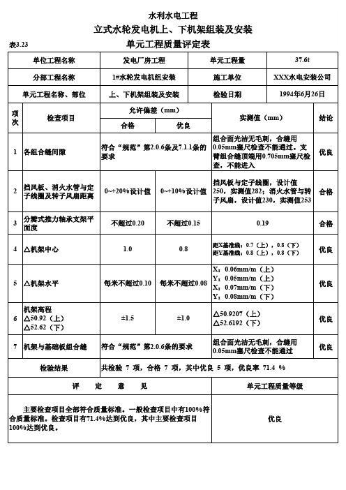 表3.23 立式水轮发电机上、下机架组装及安装单元工程质量评定表(例表)