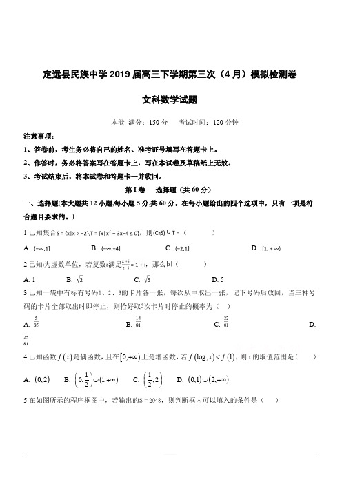 安徽省定远县民族中学2019届高三下学期第三次模拟考试数学(文)试题附答案