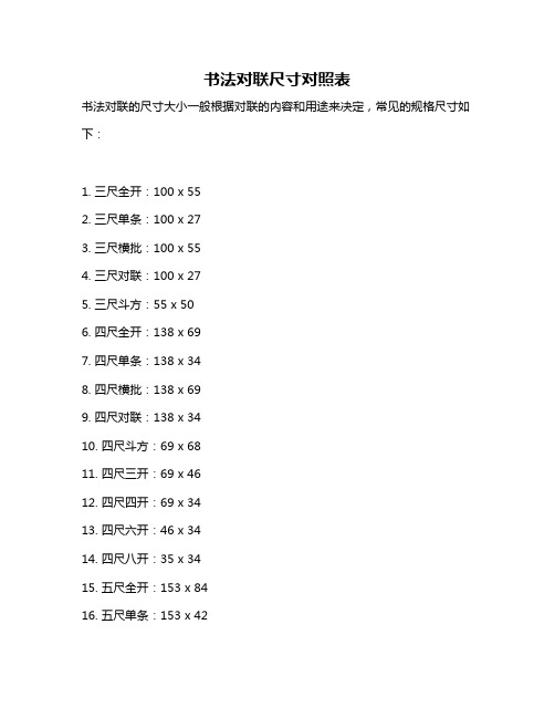 书法对联尺寸对照表