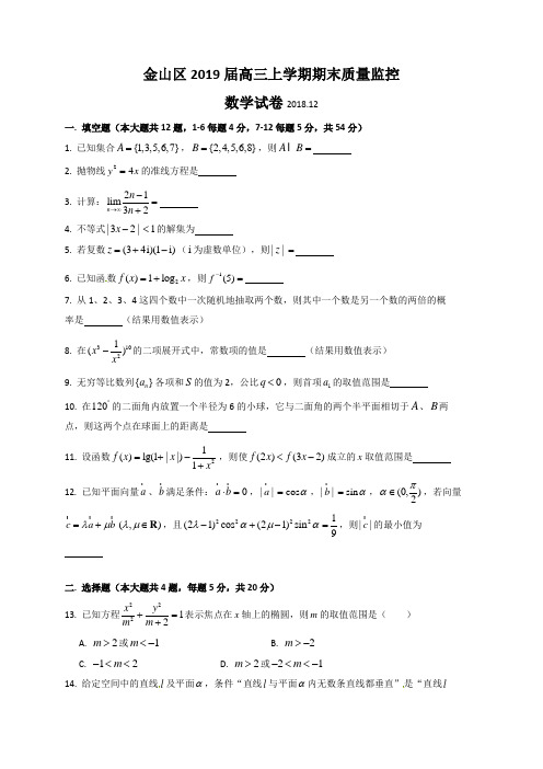 上海市金山区2019届高三上学期期末质量监控数学试题(含答案)