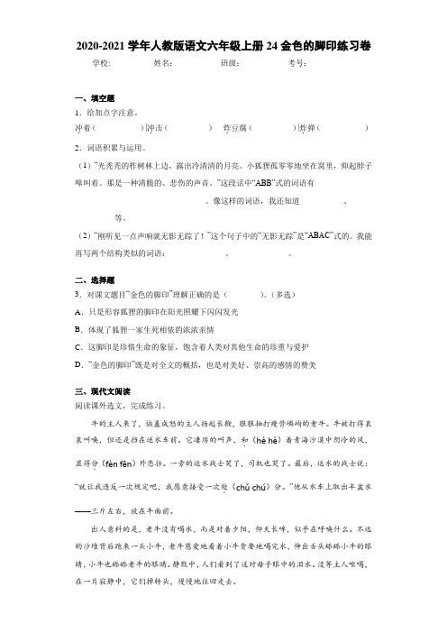 2020-2021学年人教版语文六年级上册24金色的脚印练习卷