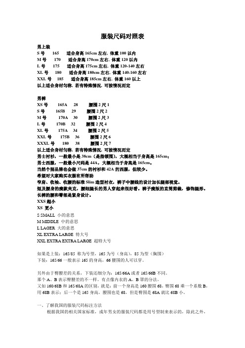 服装尺码对照表