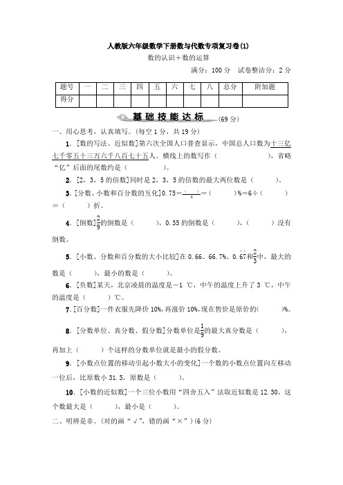 人教版六年级数学下册期末数与代数专项复习卷(1)附答案