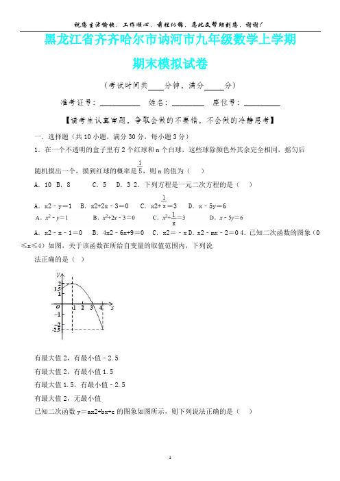 黑龙江省齐齐哈尔市讷河市九年级数学上学期期末模拟试卷(内含答案详析)