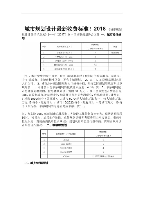 2018城市规划设计收费标准收费标准