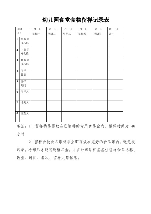 幼儿园食堂食物留样记录表