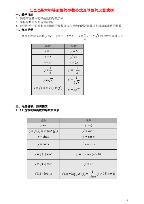 云南省德宏州芒市第一中学高中数学 1.2.2基本初等函数的导数公式及导数的运算法则教学设计 新人教A版选修22