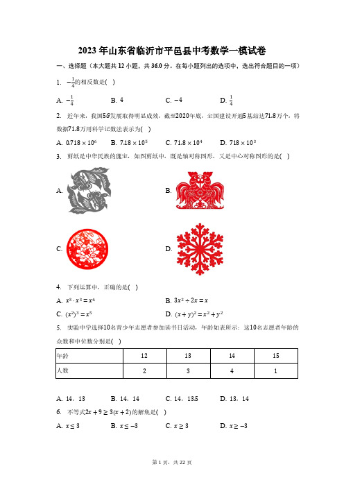 2023年山东省临沂市平邑县中考数学一模试卷(含解析)