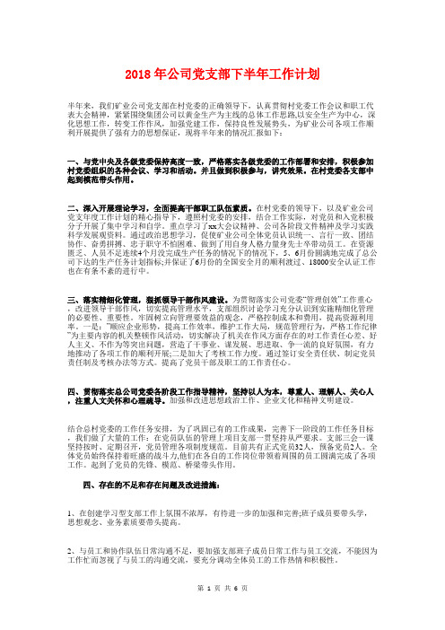 2018年公司党支部下半年工作计划