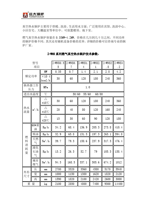 0.7MW、1.4MW、2.8MW燃气真空热水锅炉参数及价格