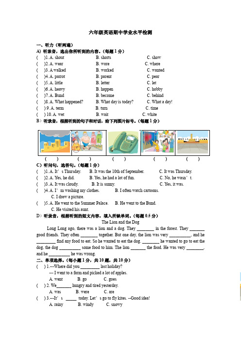 译林版六年级上册英语期中学业水平检测