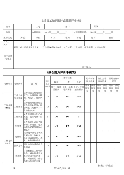 新员工试用期考核表