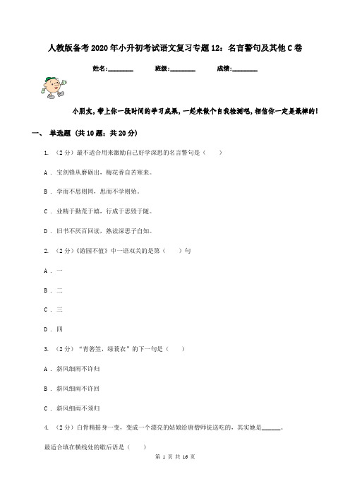 人教版备考2020年小升初考试语文复习专题12：名言警句及其他C卷