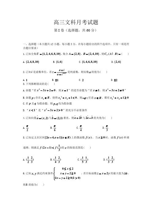 2016届高考模拟试题_黑龙江省双鸭山市第一中学2016届高三上学期第一次月考数学(文)试题附答案